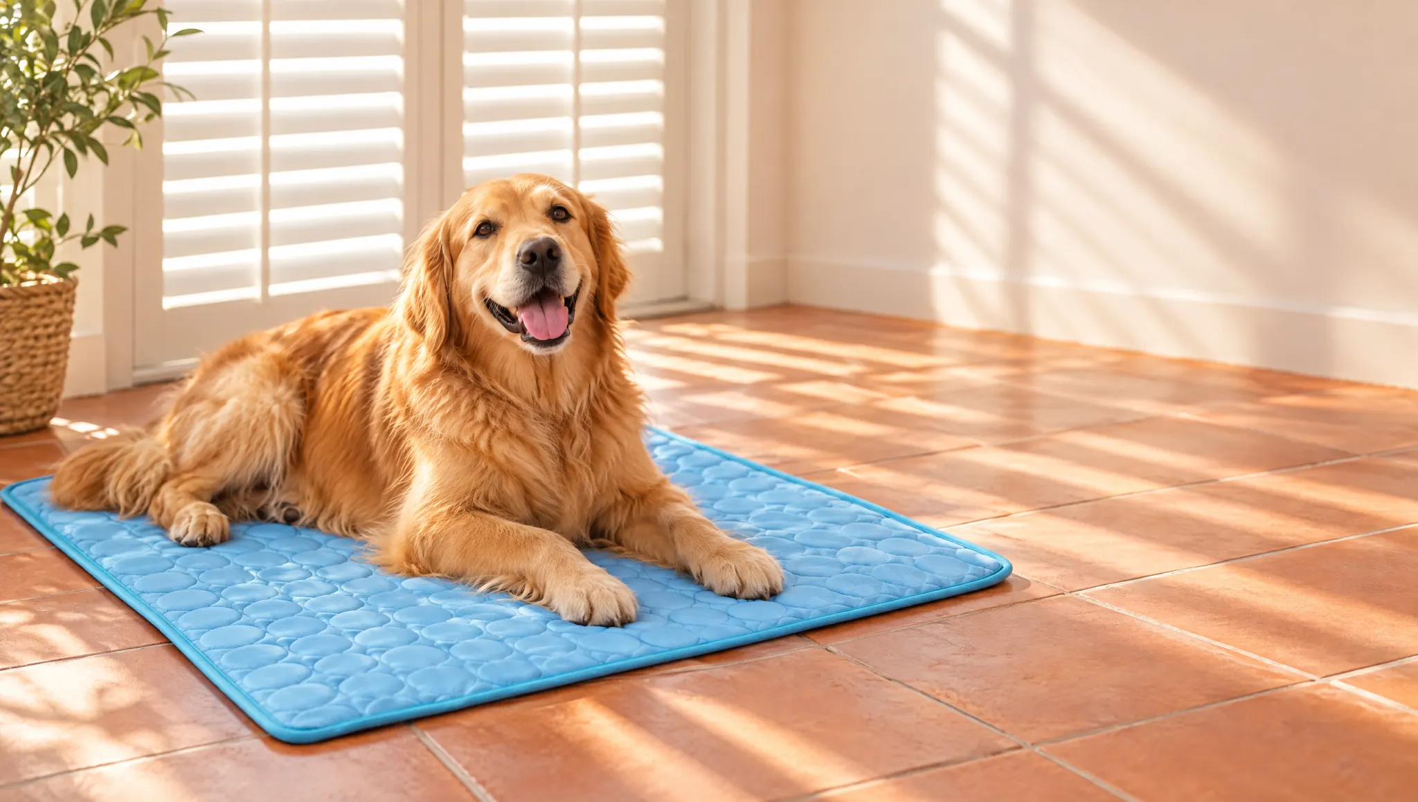 Chien allongé de tout son long sur un tapis rafraîchissant bleu, au frais dans un salon un après-midi d'été